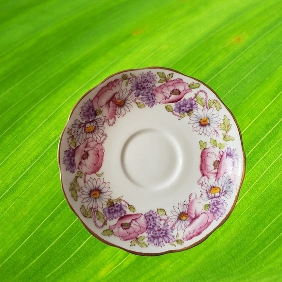 Vintage Roslyn Ambleside Cup And Saucer Pink Poppies Daisies 1950s English Bone - Picture 3 of 6